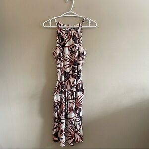 Farwest White Black Orange Tropical Halter Midi Dress w Pockets – Size Med EUC